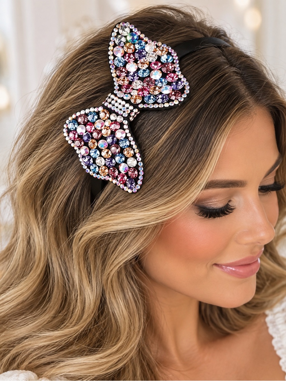Luxury AB Crystal Bow Headband Multicolor Rhinestone Statement Hairpiece